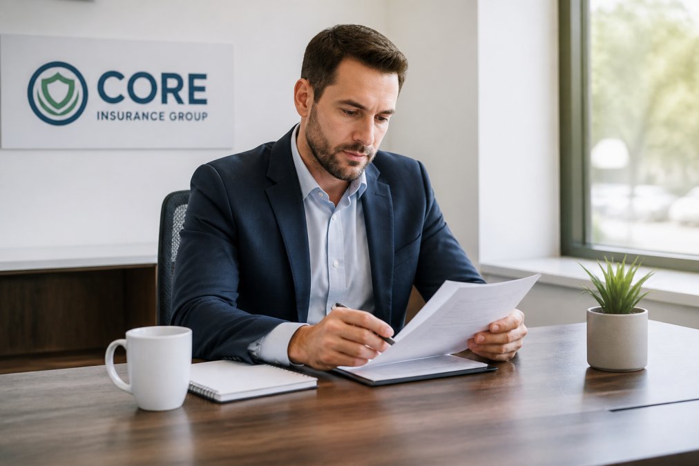 Professional sitting at desk with laptop and insurance documents, reviewing quotes with a cup of coffee and notepad nearby, natural office lighting