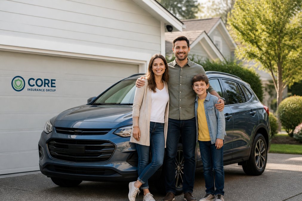 Family standing next to their car in a driveway, smiling and looking confident, clear daylight with residential neighborhood in background
