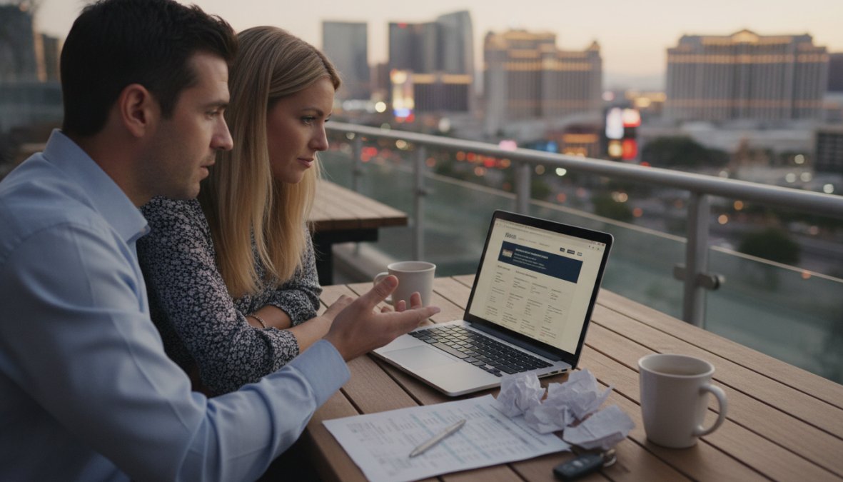 A friendly insurance agent sitting across a desk from a couple, reviewing policy documents together in a bright modern office with a laptop open between them, both parties engaged in conversation