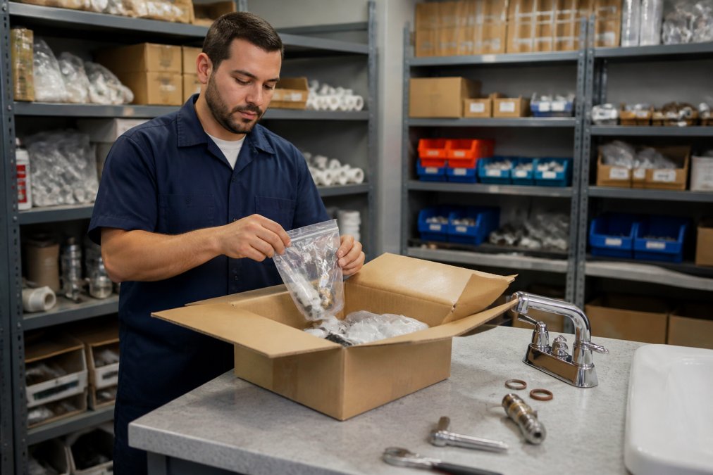 Technician unpacking a bathroom repair supply kit next to a disassembled faucet in a maintenance workshop
