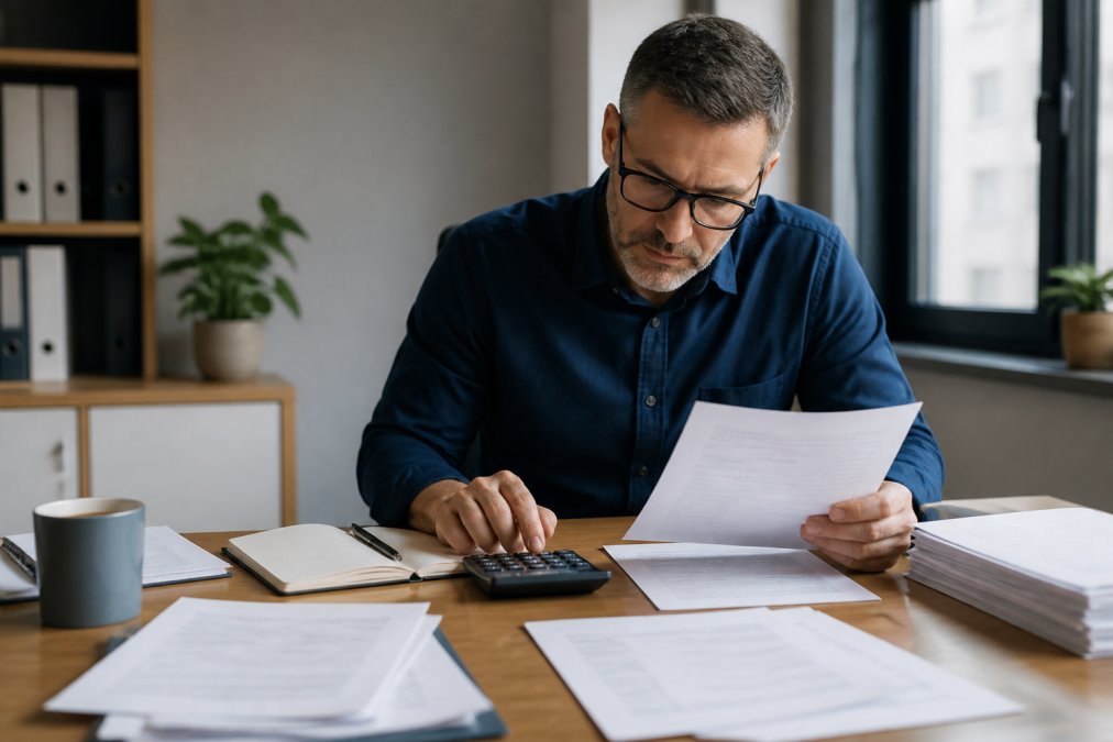 Business owner sitting at desk reviewing insurance documents and policy papers with a calculator and notepad, natural office lighting