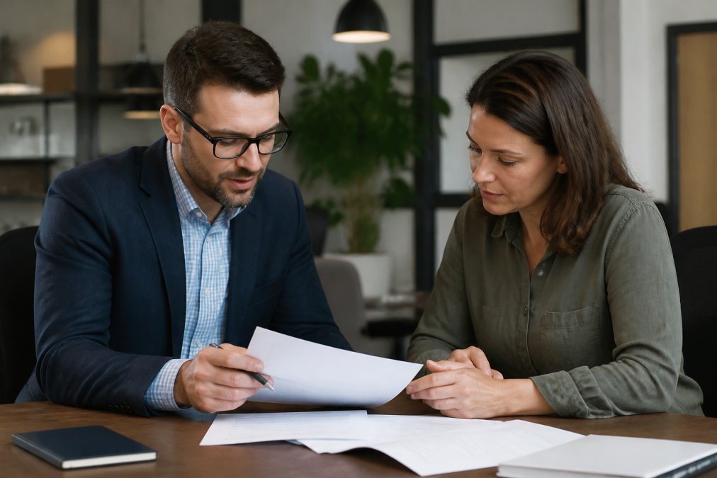 Professional meeting between insurance agent and small business owner discussing coverage options, both looking at documents on a table