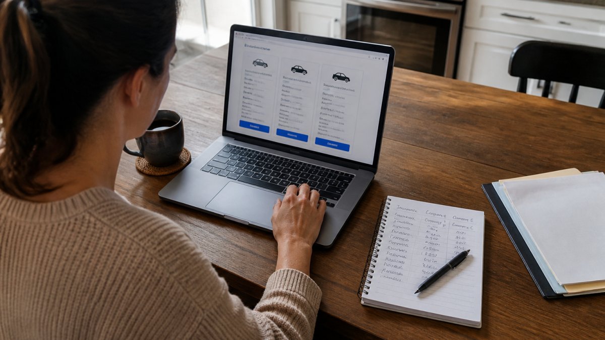 A driver at a kitchen table with a laptop open to insurance quote pages, a notepad with coverage figures written down, and a coffee mug nearby