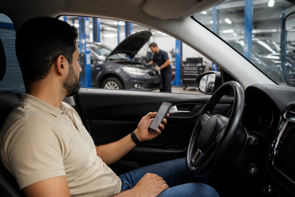 Car owner reviewing workshop quotes on a smartphone while sitting in their vehicle, with a mechanic visible in the background working on another car in a modern workshop setting