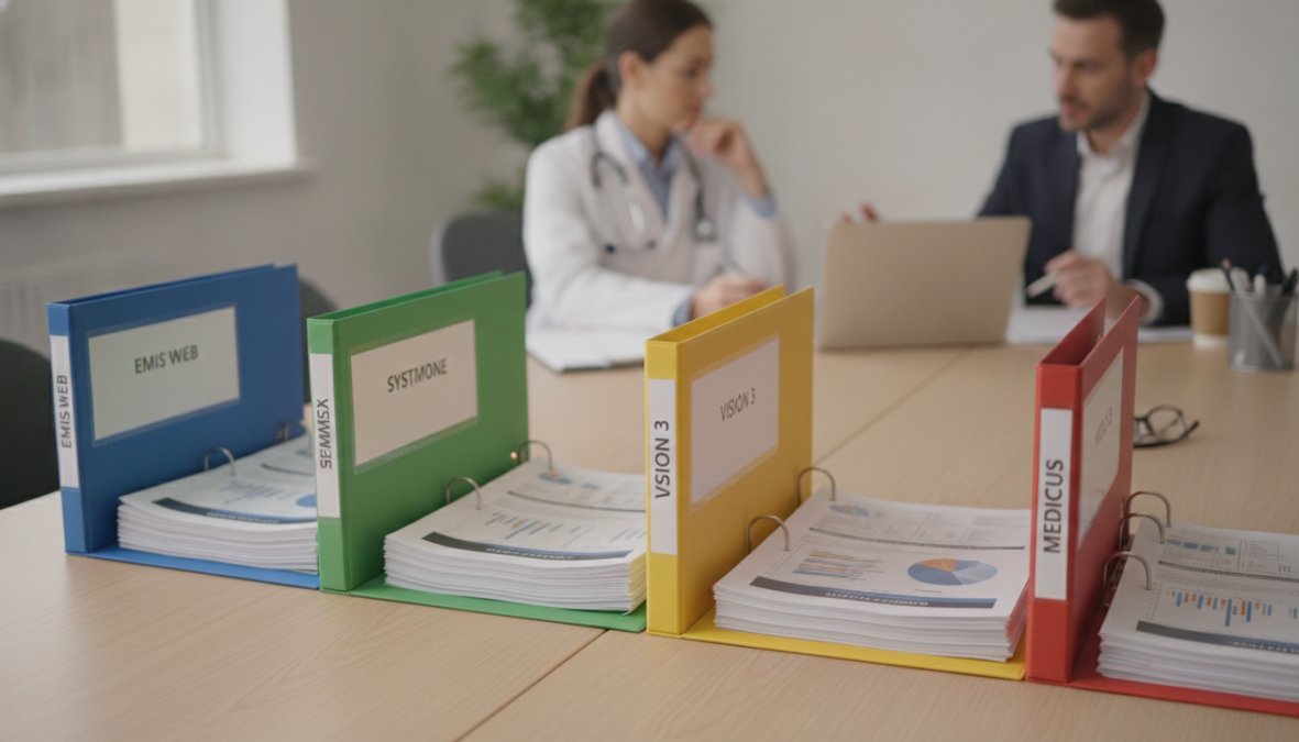 A GP doctor and practice manager sitting together at a desk reviewing clinical software on a desktop computer screen in a modern NHS surgery office, warm overhead lighting, stethoscope and printed patient notes visible on the desk