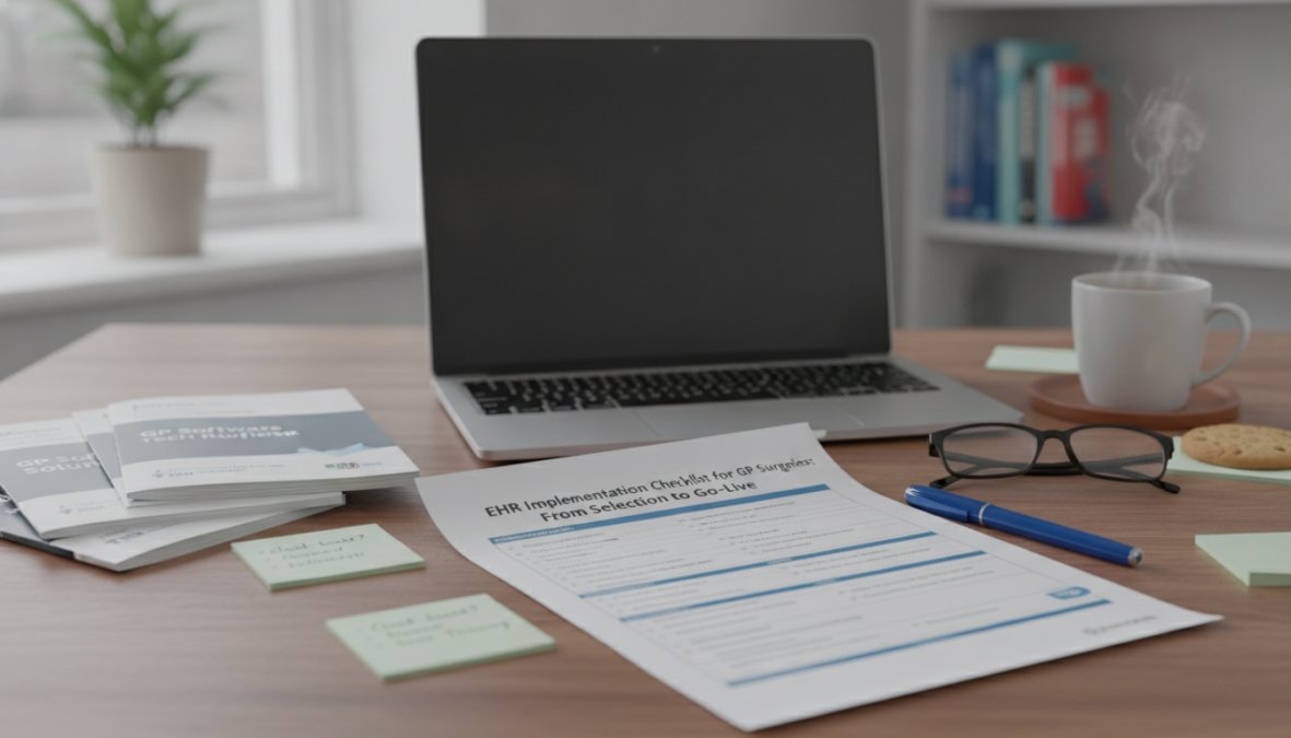 A healthcare administrator in a white NHS surgery office reviewing a printed checklist at a desk with a laptop open showing clinical software, a stethoscope resting on nearby papers, natural daylight from a window behind