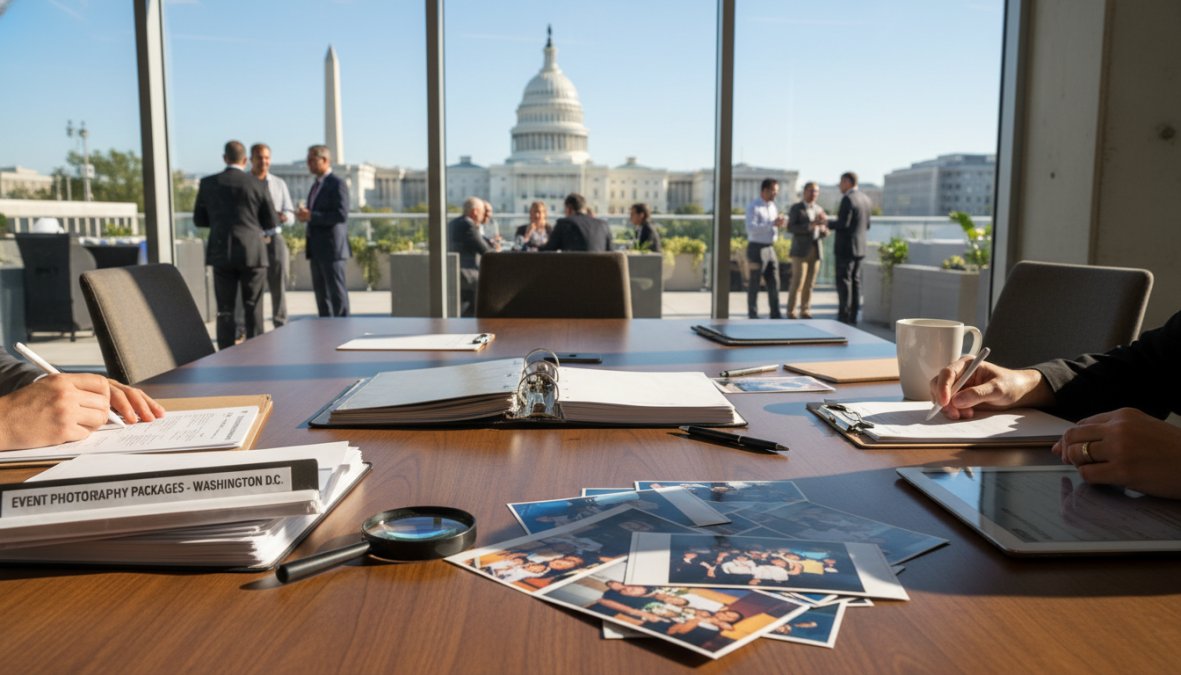 A professional photographer moving through a crowded corporate conference in a modern Washington DC ballroom, capturing candid networking moments between attendees under warm overhead lighting