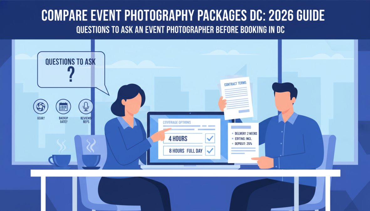 An event planner and photographer seated across from each other at a conference table, reviewing a printed photography contract alongside a laptop showing a photo gallery, with coffee cups and natural light from a large office window
