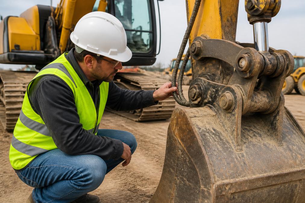 Construction professional in hard hat and safety vest examining heavy excavator up close, checking hydraulic hoses and bucket condition in natural daylight on job site