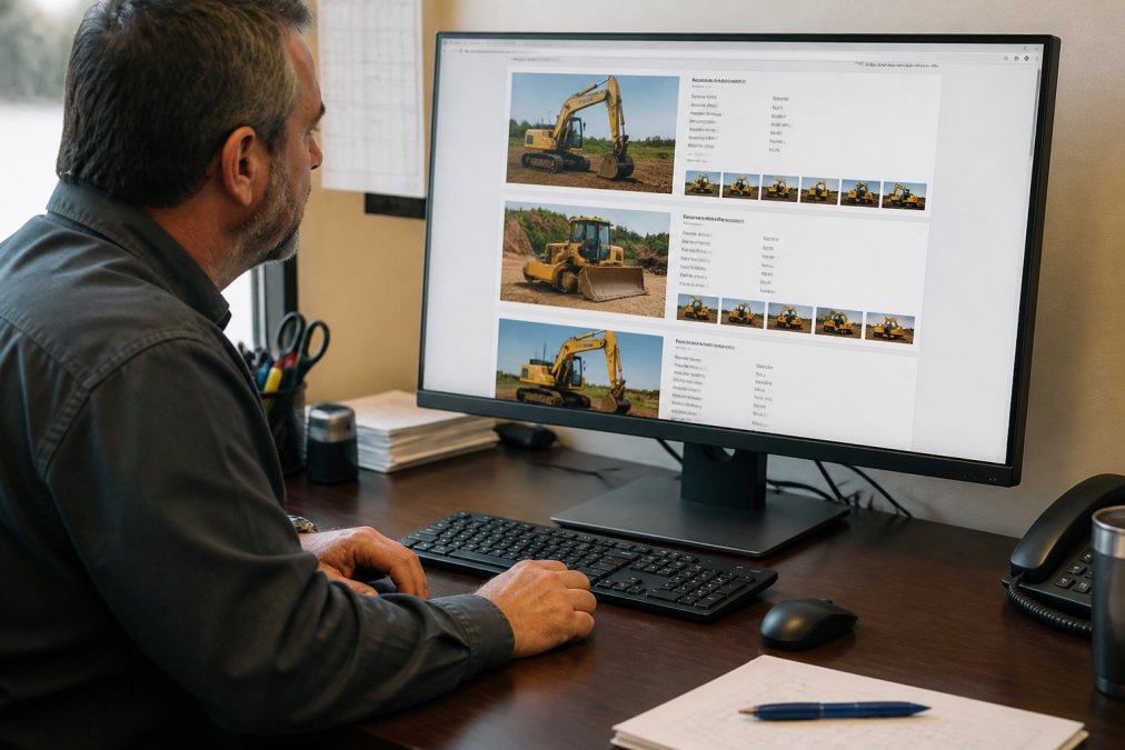 Equipment manager at desk reviewing heavy machinery listings on computer monitor, comparing specifications and photos of excavators and dozers with detailed product information visible on screen