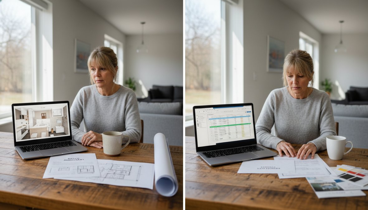 A homeowner sitting at a kitchen table reviewing loan documents and a laptop, with renovation plans spread out and a coffee mug nearby, in a well-lit modern home interior with natural daylight through large windows
