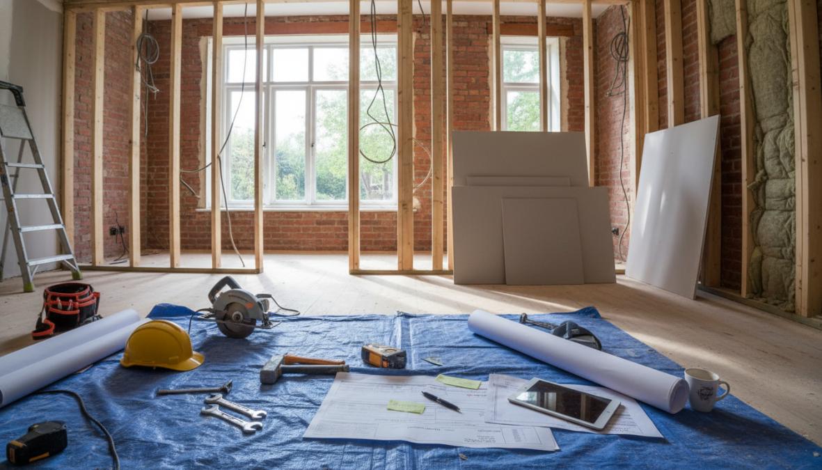 A contractor and homeowner reviewing a construction progress checklist on a clipboard inside a partially renovated room with exposed walls and tools visible, natural light coming through a window, with construction tools and materials in the background