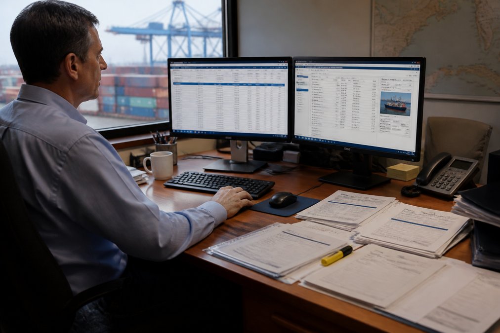 Logistics manager at desk with multiple monitors displaying shipping quotes, vessel schedules, and tracking data; shipping documents and coffee cup visible; natural office lighting
