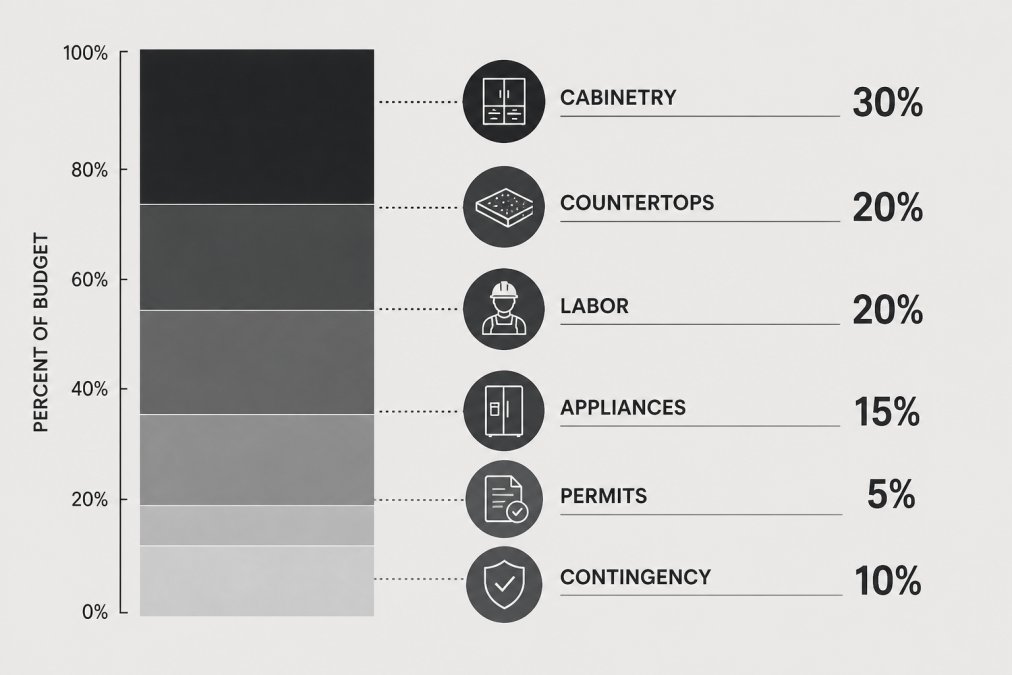 Stacked bar chart showing percentage allocation of a kitchen remodel budget across cabinetry, countertops, labor, appliances, permits, and contingency