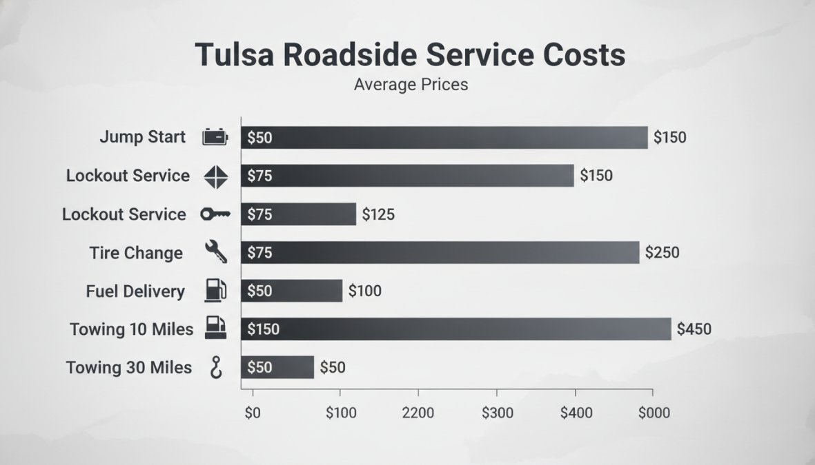 Bar chart comparing typical roadside assistance service costs in Tulsa: jump start $50-$100, lockout service $75-$150, tire change $75-$125, fuel delivery $50-$100, towing 10 miles $150-$250, towing 30 miles $300-$450