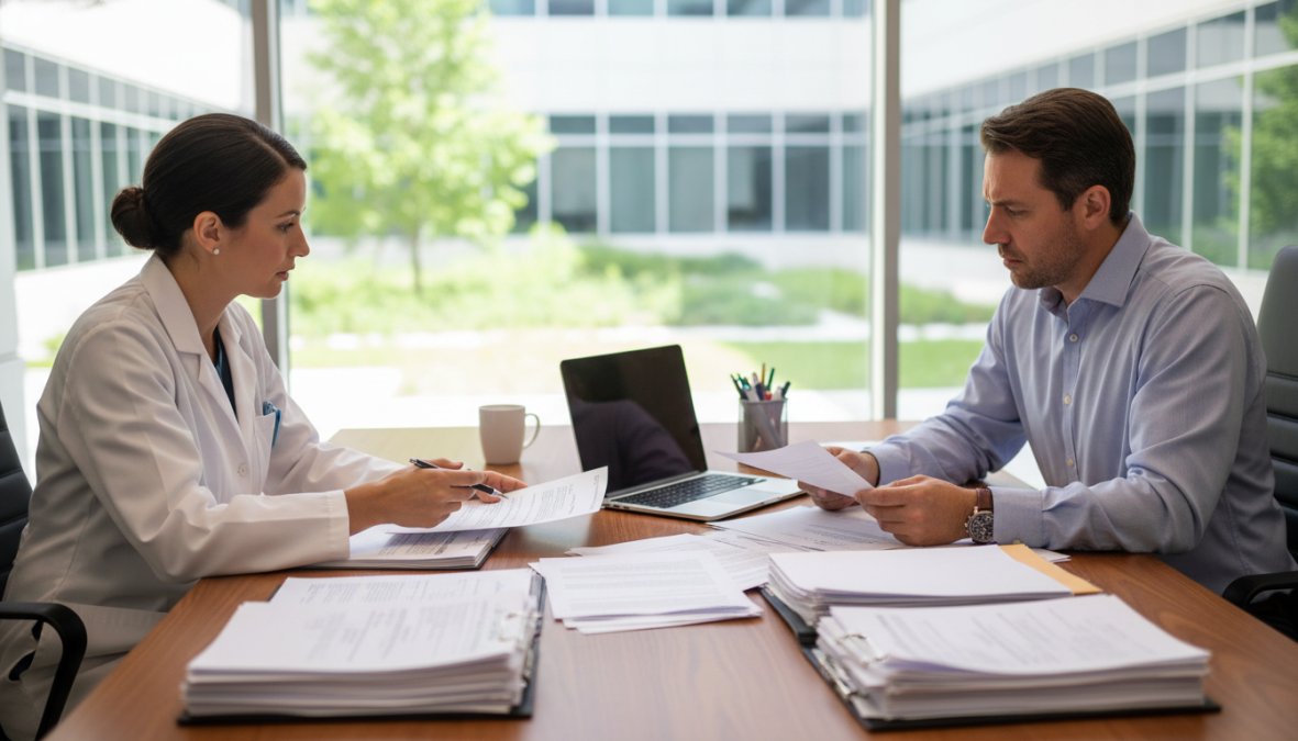 A physician and office manager sitting together at a conference table reviewing printed documents and a laptop, discussing practice operations in a bright clinical office with large windows and professional decor