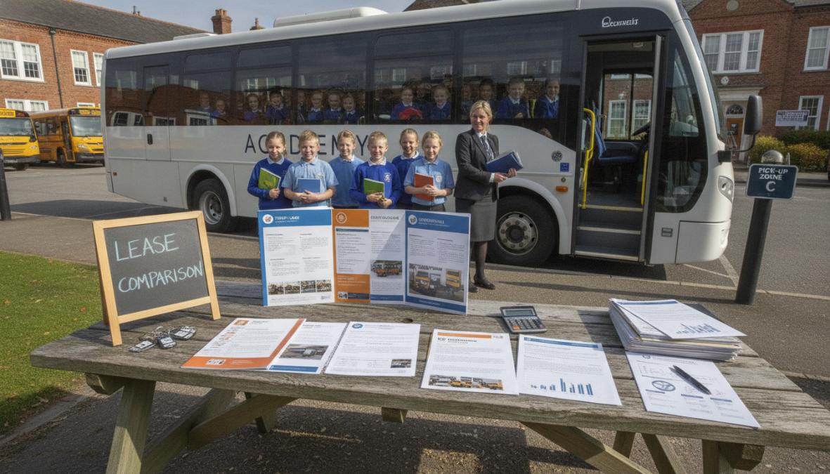 Education staff and a school minibus driver performing a pre-journey safety check on a modern accessible minibus, with passengers visible through windows