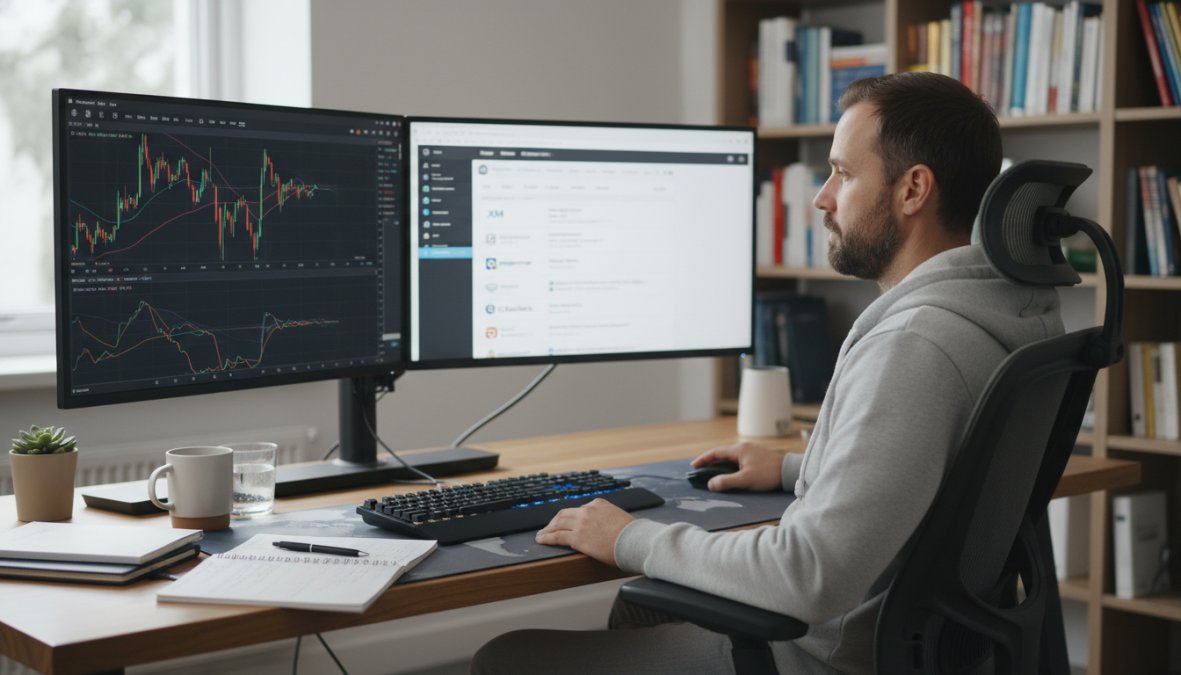 A focused trader sitting at a dual-monitor desktop setup displaying live forex charts and MT5 platform interface, warm overhead lighting in a modern home office with a coffee cup on the desk