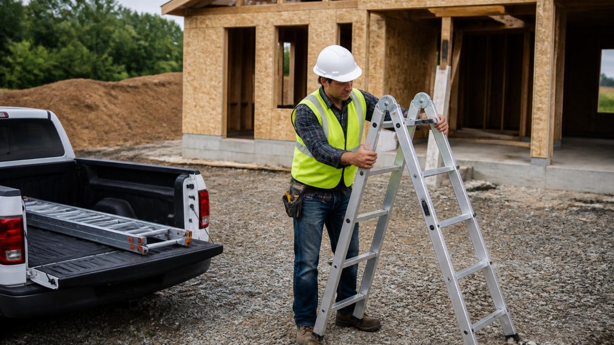 Construction worker setting up a fiberglass ladder on a gravel site with a second ladder in a truck bed