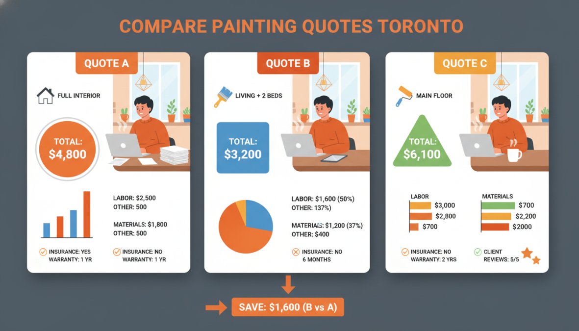 Close-up of a professional painter in uniform presenting a detailed written proposal document to a homeowner in a bright Toronto living room, natural daylight from large windows