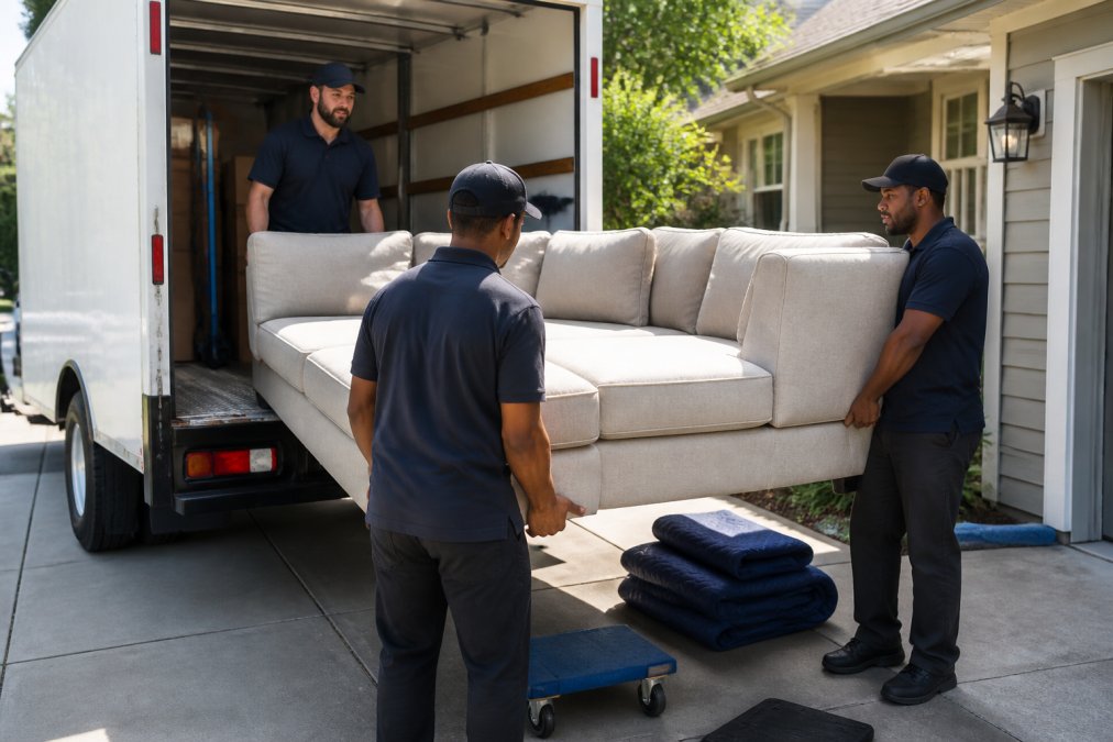 Professional moving crew unloading a large sectional sofa from a white delivery truck onto a residential driveway on a sunny afternoon, with protective blankets and dollies visible