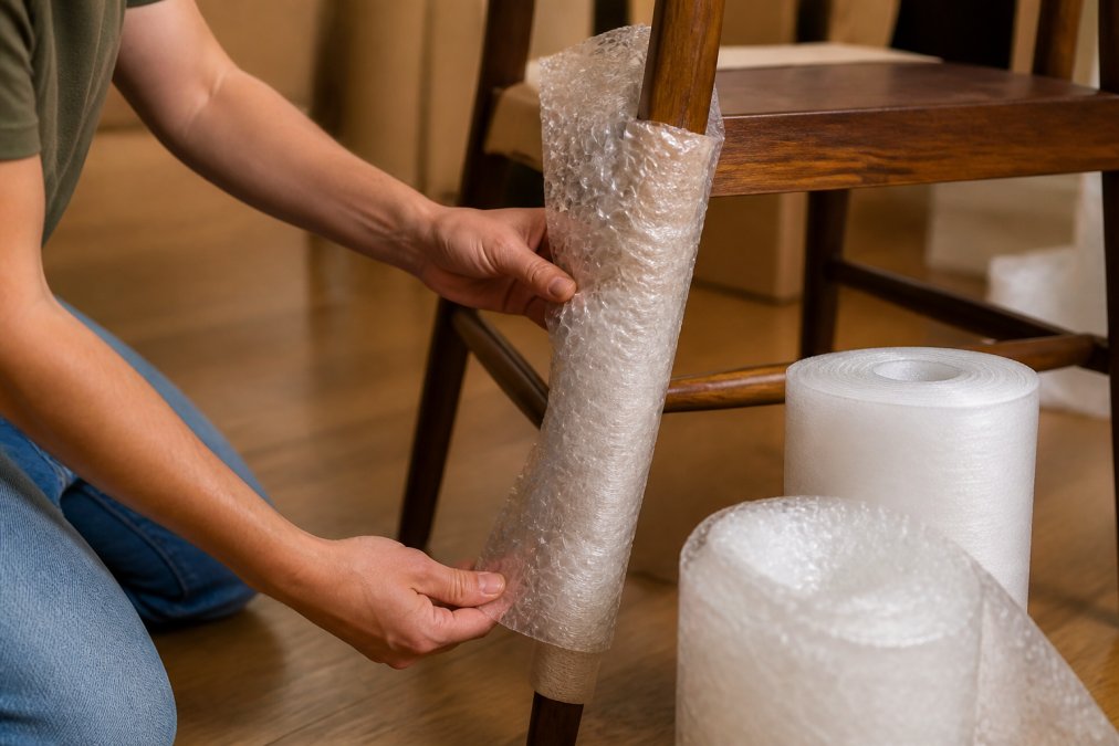 Close-up of someone's hands carefully wrapping a wooden chair leg with bubble wrap and protective plastic in a home setting, with rolls of packing materials visible on a wooden floor