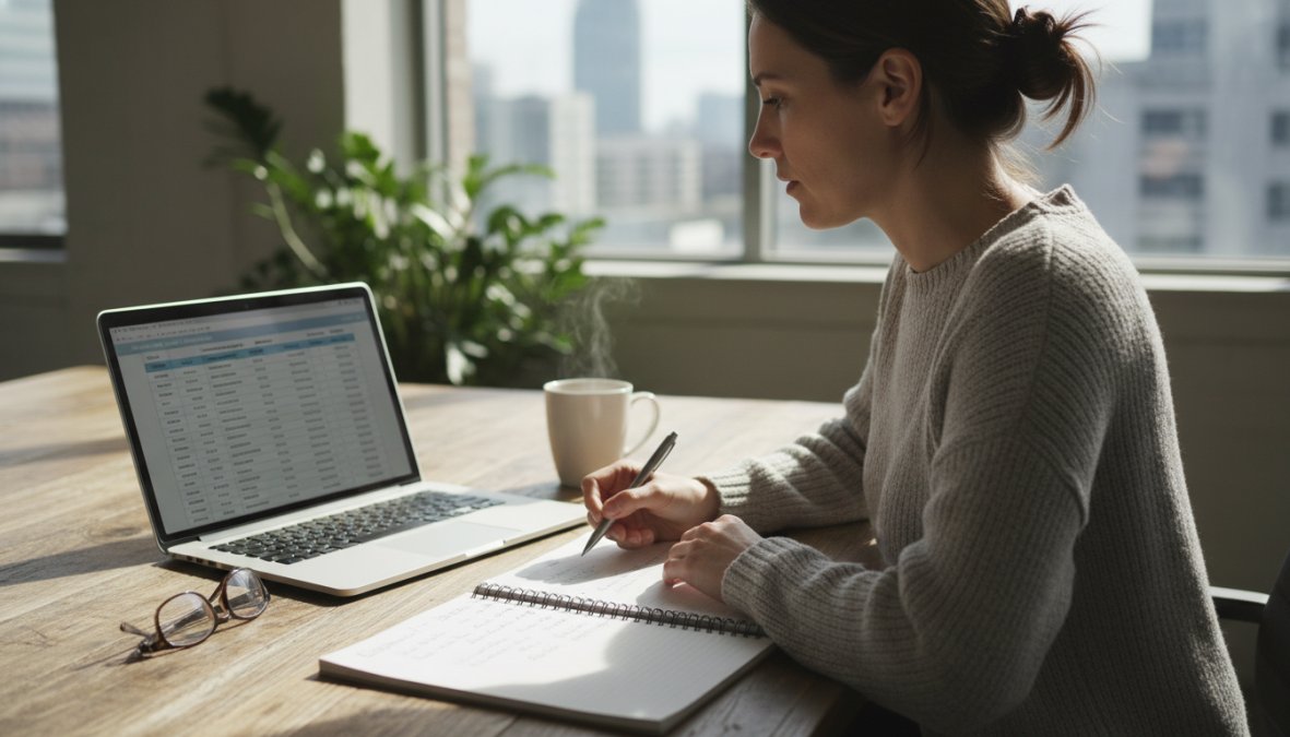 Small business owner seated at a clean modern desk reviewing insurance quotes on a laptop, notepad open beside them, coffee cup nearby, warm natural office lighting