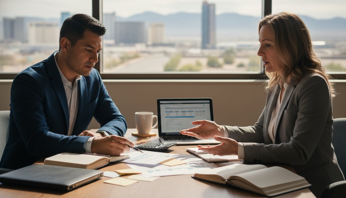 A licensed insurance agent and a small business owner seated across from each other at a professional office desk in Las Vegas, both reviewing printed insurance documents, bright office lighting and a city view in the background