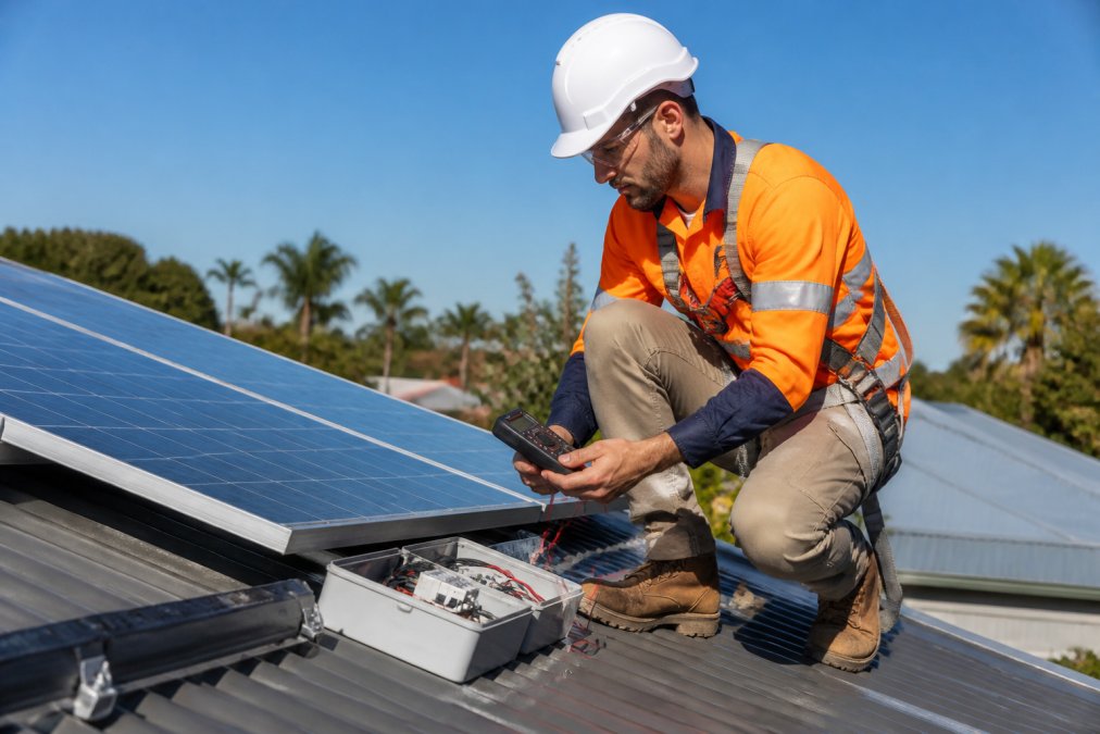 Professional solar installer on a residential roof conducting electrical safety inspection, wearing high-visibility safety gear and holding multimeter testing equipment, with clear blue sky background
