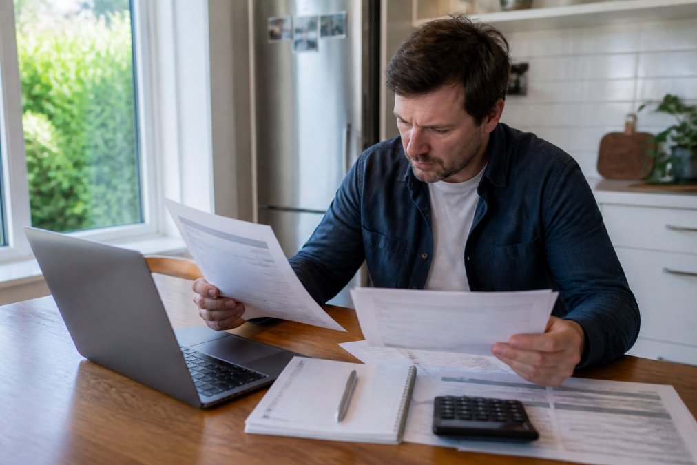 Homeowner reviewing printed solar battery installation quotes and documents at a kitchen table, with a laptop open, notepad, and calculator visible, natural window lighting