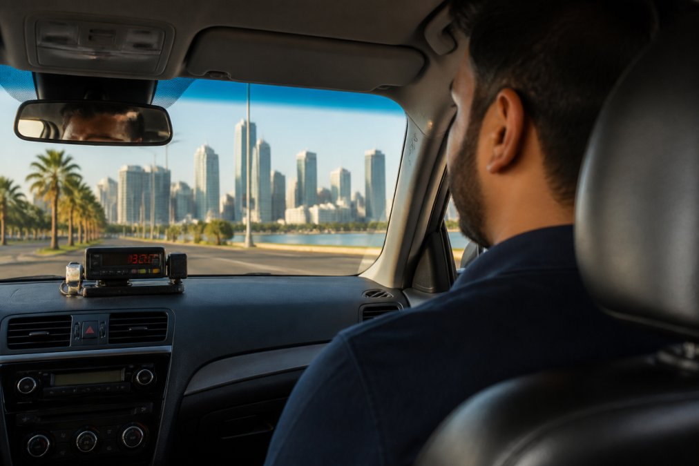 Passenger in the back seat of a taxi, visible taxi meter on the dashboard displaying the fare amount, Perth cityscape visible through the window under afternoon light