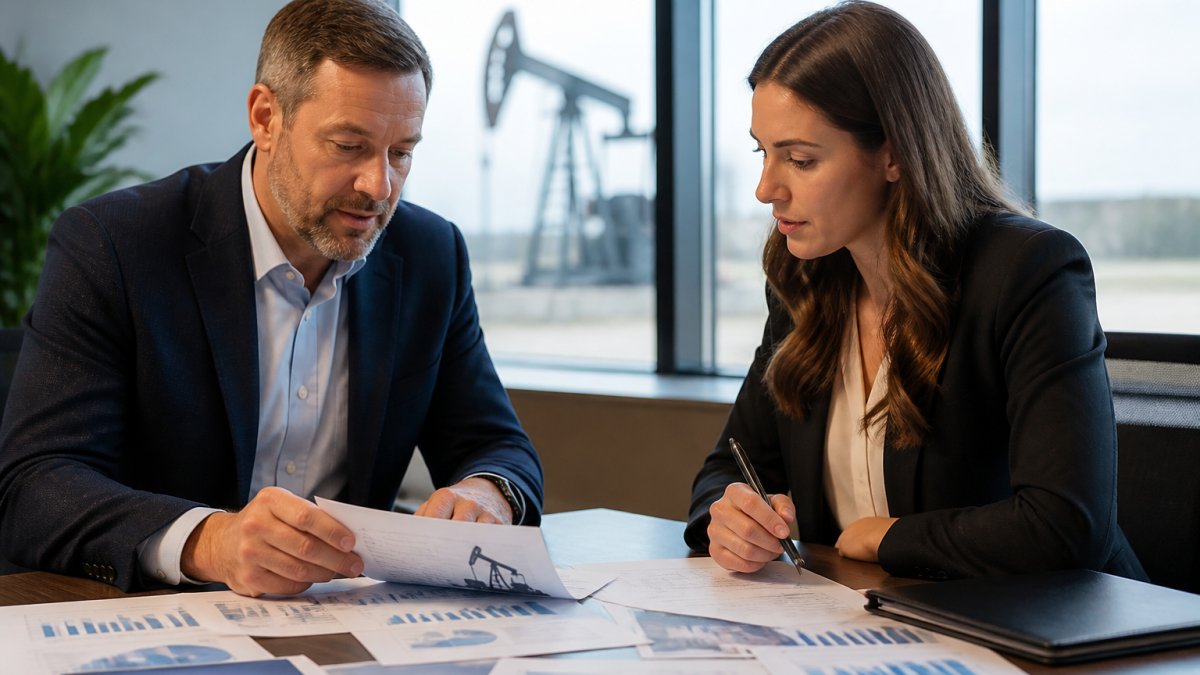 Business professionals reviewing financial charts and documents while comparing CPAs for oil and gas ventures