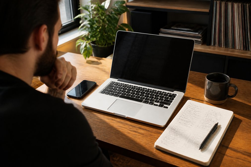 A label owner at a desk comparing distributor pricing pages on a laptop, a notebook of handwritten royalty figures and a coffee cup beside the keyboard, afternoon light through a window