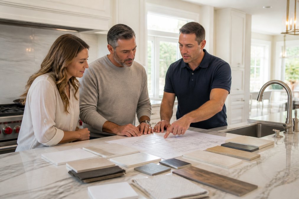 A married couple reviewing blueprints and material samples with a professional contractor at a bright, modern kitchen island in a high-end home