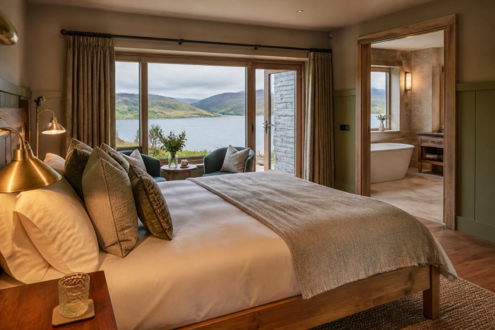 Luxurious lodge bedroom with handmade bed featuring premium linens, soft ambient lighting, and ensuite bathroom visible through open doorway with natural stone finishes, overlooking Highland landscape through large windows
