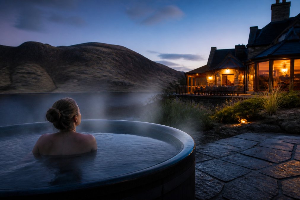Guest relaxing in steaming hot tub on stone terrace at dusk, surrounded by Highland mountains and dark loch waters, with lodge lights glowing warmly in background and mist rising from water