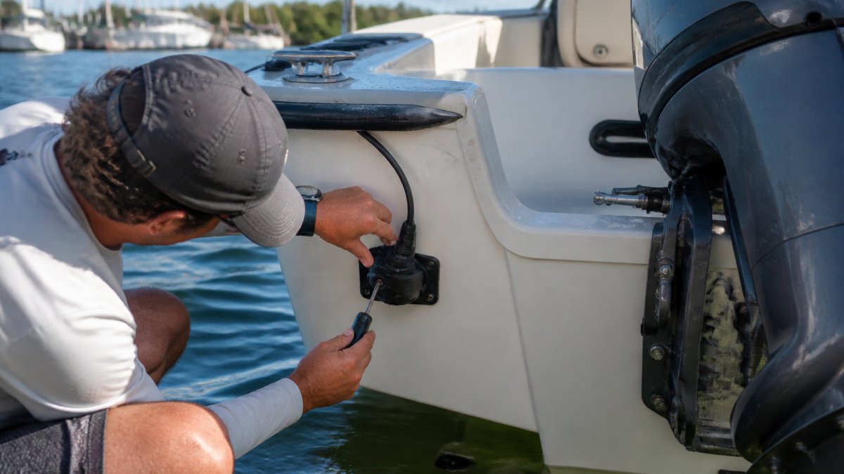 A boat owner on a fiberglass center console mounting a transom transducer with a screwdriver and sealant, calm marina water behind the stern
