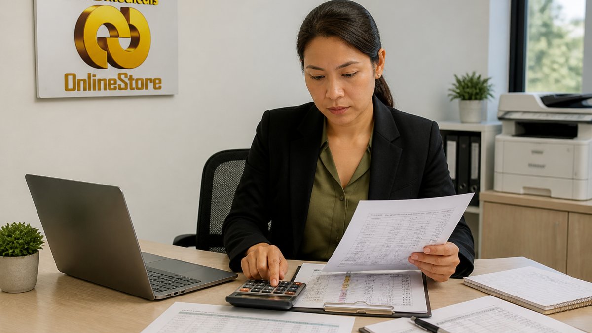 Professional procurement officer reviewing medical equipment quotes and pricing documents at a desk with laptop, calculator, and comparison spreadsheet visible, natural office lighting