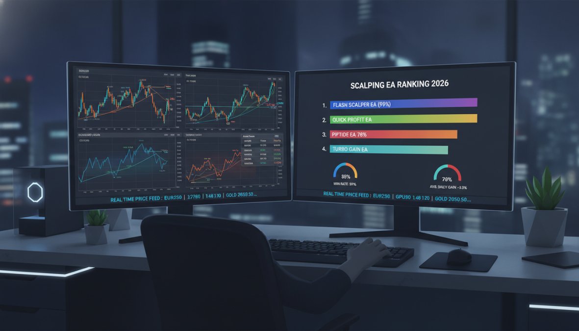 Close-up of a trader's dual-monitor setup displaying MetaTrader 5 charts with active scalping positions and real-time price feeds, warm desk lamp illuminating the workspace in a dimly lit home trading office