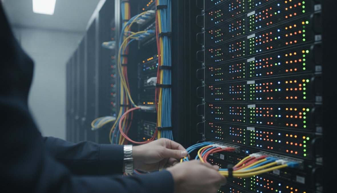 A professional data center server rack with rows of blinking LED status lights and dense network cable bundles, photographed in a cool-lit facility representing the VPS infrastructure used for low-latency automated forex trading