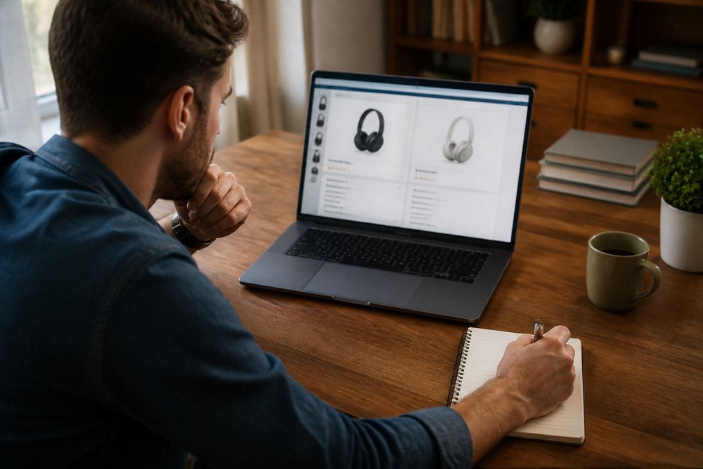 Infographic process for comparing quality across various online gadget retailers using side-by-side analysis