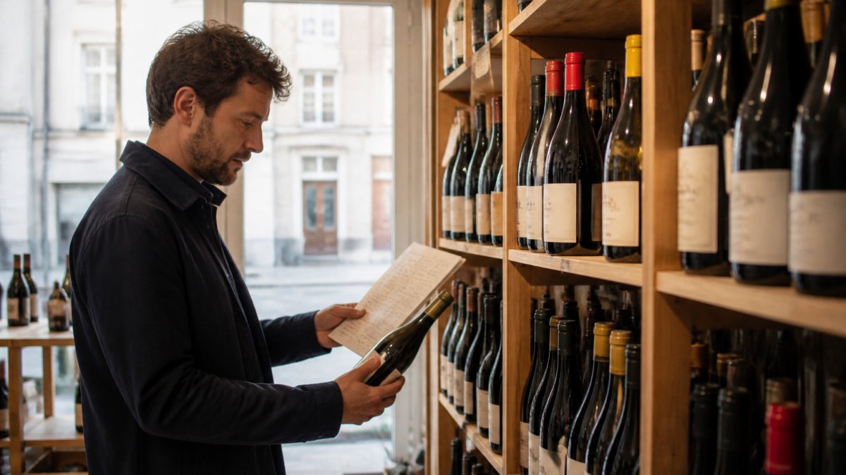 Wine buyer reviewing Portuguese wine bottles on a wooden shop shelf
