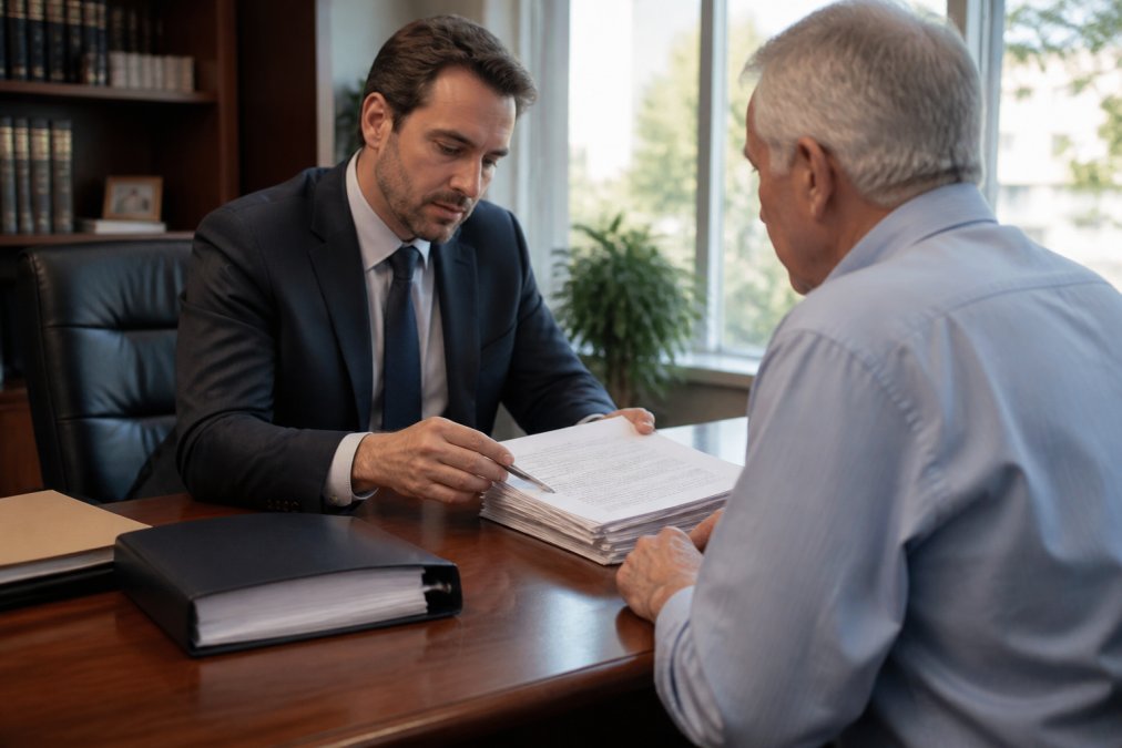 A real estate agent in professional attire sitting at a desk with a client, reviewing a thick stack of legal documents and a laptop displaying property records in a bright office