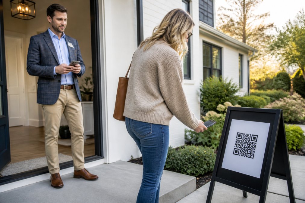 Visitor scanning a QR code for a digital open house sign-in on a real estate agent’s porch during a home tour