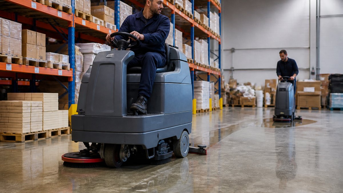A ride-on floor scrubber operating in a large open warehouse aisle, with a walk-behind scrubber visible in the background near a cluttered storage area, overhead industrial lighting