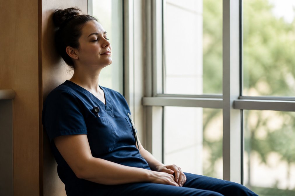 Healthcare worker sitting peacefully by a window with soft natural light, hands resting gently, expression calm and centered