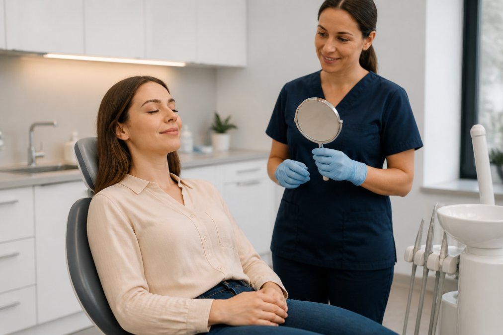 A calm patient sitting upright in a modern, bright dental chair, taking a slow breath with eyes closed, while a supportive dentist stands at a respectful distance holding a mirror