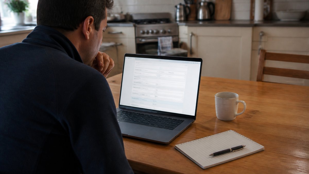 A person sitting at a kitchen table in a Scottish home, looking at a laptop screen showing a simple online form, with a notepad and pen beside them