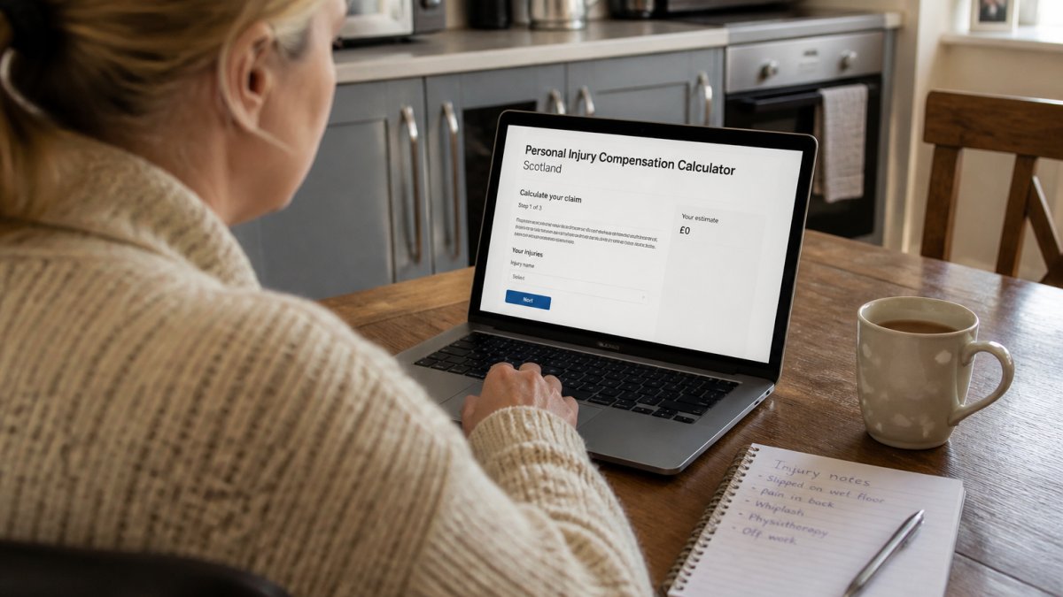 A person sitting at a kitchen table in a Scottish home, laptop open with a compensation calculator on screen, a notepad with handwritten injury notes and a mug of tea beside it