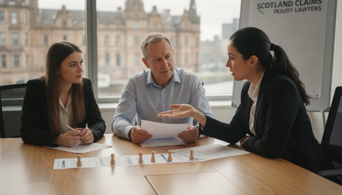 Personal injury solicitor meeting with workplace injury client at desk in Glasgow law office, reviewing accident documentation and medical records under office lighting